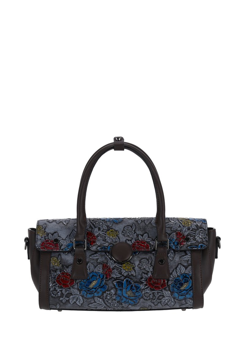 Borsa grigia con fiori ricamati in rosso, blu e giallo, dettagli in pelle marrone scuro e due manici.