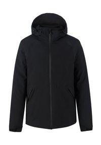 Sort vandtæt jakke med hætte, forsynet med lynlås foran, to sidelommer og forstærkede manchetter. Glat tekstur og strømlinet design.