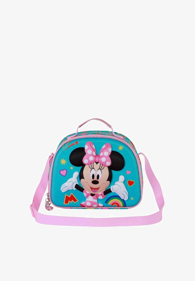 Sac à dos sur le thème de Minnie Mouse avec un corps turquoise, des accents roses et un graphique à l'avant. Dispose d'une poignée et d'une sangle réglable.