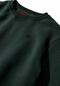 Tmavě zelená mikina s výstřihem do V, s žebrovanými manžetami a spodním lemem. Na přední straně blízko límce se nachází malé černé logo. Měkká textura.