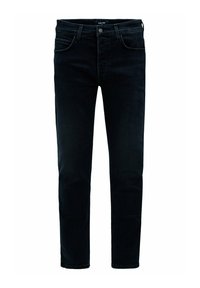 Vaqueros de denim azul oscuro con corte slim. Cuenta con cinco bolsillos, pasadores para el cinturón y un cierre de botón en la cintura. Textura suave.