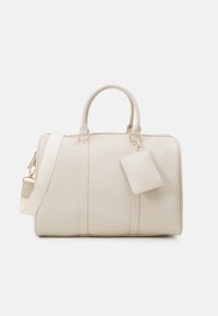 Beige duffel bag made of synthetic leather, featuring gold-tone hardware, dual top handles, and a detachable shoulder strap. Includes a zippered cardholder.