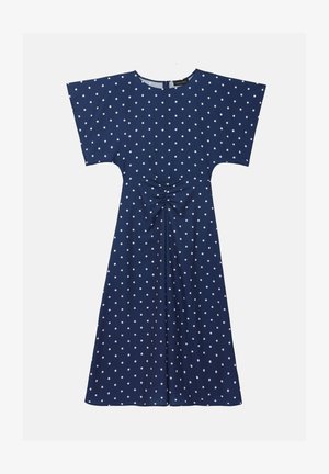 Vestido azul con lunares y mangas cortas, con un diseño con fruncido en el frente y un corte holgado, hecho de una tela ligera.