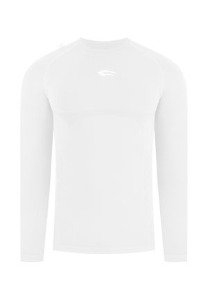 Maglietta atletica bianca a maniche lunghe con design senza cuciture e piccolo logo sul petto.