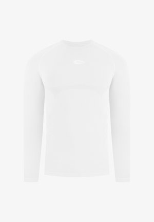 Maglietta atletica bianca a maniche lunghe con design senza cuciture e piccolo logo sul petto.