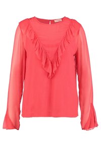 Blouse corail vif à manches longues avec manches transparentes, détail volanté en forme de V sur le devant et poignets évasés.