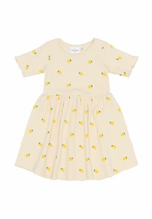 Dzelteni citronu raksta kleita ribotā beiga audumā, īsām piedurknēm, apaļu kakla izgriezumu un izpletu svārku. Mīksta tekstūra ar izsistēm akcentiem.