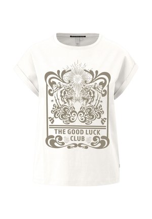 Biela bavlnená tričko s okrúhlym výstrihom a krátkymi rukávmi, s dúhovým grafickým dizajnom dvoch tigrov a textom "KLUB ŠŤASTIA".