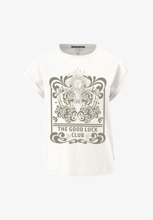 T-shirt bianco in cotone con scollo rotondo e maniche corte, caratterizzato da una grafica dorata di due tigri e dal testo "THE GOOD LUCK CLUB."