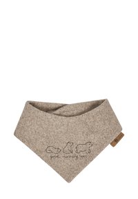 Grau gefärbtes Bandana mit dreieckiger Form, das drei Bärenillustrationen und den Text "Guten Morgen Bär" zeigt. Mit einem Lederetikett dekoriert.