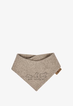 Grau gefärbtes Bandana mit dreieckiger Form, das drei Bärenillustrationen und den Text "Guten Morgen Bär" zeigt. Mit einem Lederetikett dekoriert.