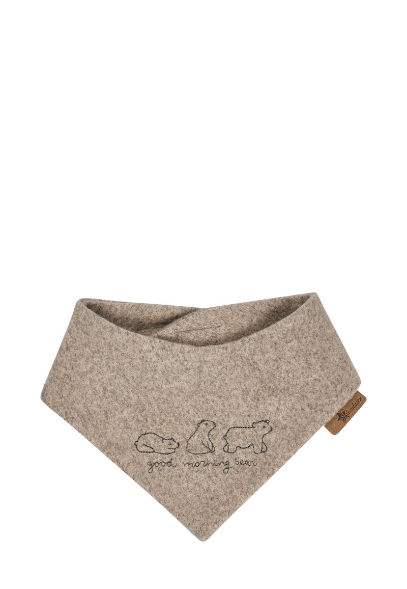 Grau gefärbtes Bandana mit dreieckiger Form, das drei Bärenillustrationen und den Text "Guten Morgen Bär" zeigt. Mit einem Lederetikett dekoriert.