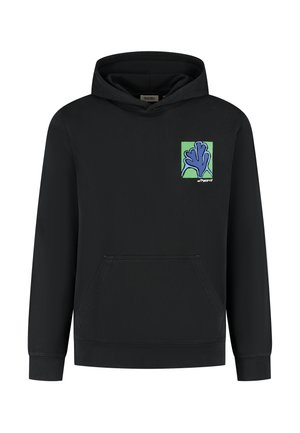 Fekete kapucnis pulóver elülső kenguruzsebbe és kék-zöld grafikai mintával a mellkasán. Puha anyag és bordás mandzsetta.