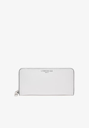 White leather wallet with stitched edges and silver-tone hardware. Features a zip closure and embossed logo on the front. Rectangular shape.