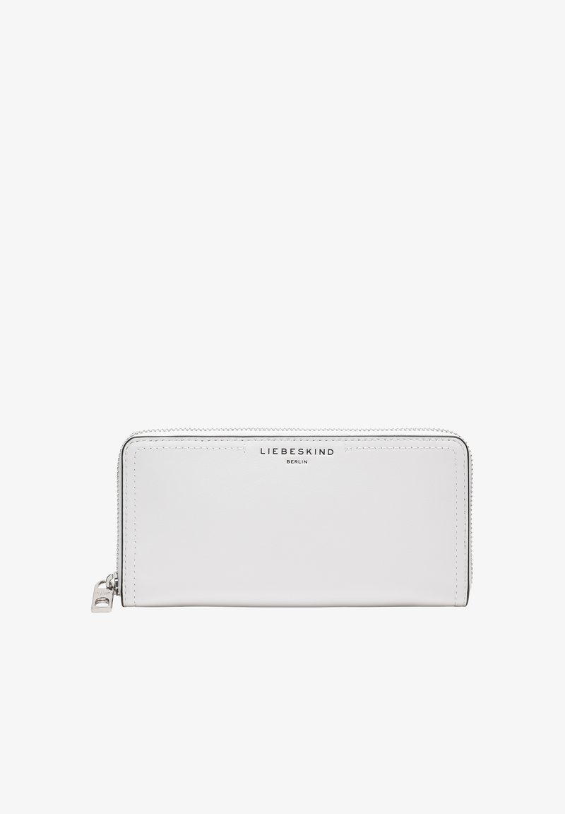 White leather wallet with stitched edges and silver-tone hardware. Features a zip closure and embossed logo on the front. Rectangular shape.