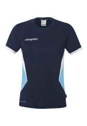 Marineblauw sportshirt met korte mouwen, wit en lichtblauw zijpaneel, wit logo "uhlsport" op de borst en een ronde hals.