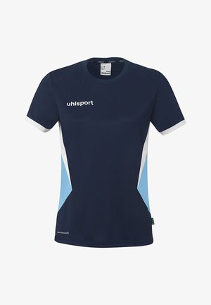 T-shirt de sport bleu marine à manches courtes avec panneaux latéraux blancs et bleu clair, logo blanc "uhlsport" sur la poitrine, et col rond.