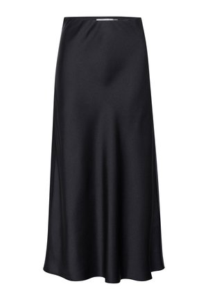 Fustă midi din satin negru cu o textură netedă, siluetă în formă de A și o strălucire subtilă. Are un design simplu, fără adornamente.