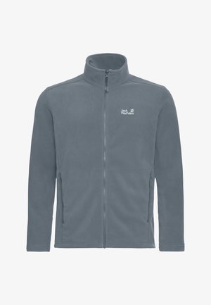 Veste en polaire grise avec un col montant, une fermeture éclair intégrale à l'avant et des poches latérales. Présente le logo « Jack Wolfskin » en blanc sur la poitrine gauche.