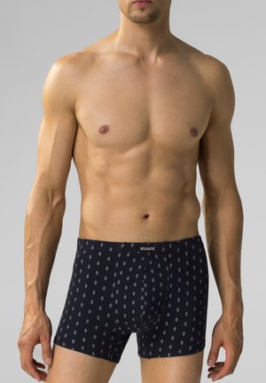 Granatowe bokserki z kontrastowym wzorem małych szarych diamentów, wykonane z miękkiego materiału, z elastycznym pasem z nadrukowanym logo.