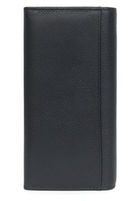 Portafoglio in pelle nera con finitura texturizzata, design verticale e dettagli di cucitura lungo i bordi. Profilo sottile, senza hardware visibile.