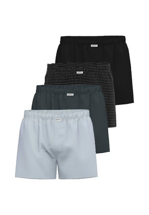 Vier Paar Herren-Boxershorts mit elastischem Bund in Hellblau, Dunkelgrau, schwarzem Karomuster und einfarbig Schwarz, gestapelt angeordnet.