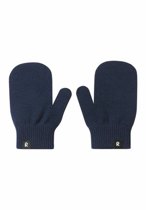 Granatowe, dzianinowe rękawice o zaokrąglonym kształcie, z prążkowanym mankietem oraz małą czarną metką z białym logo po jednej stronie. Miękka textura.