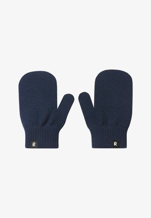 Granatowe, dzianinowe rękawice o zaokrąglonym kształcie, z prążkowanym mankietem oraz małą czarną metką z białym logo po jednej stronie. Miękka textura.