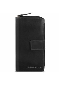 Portafoglio in pelle nera con chiusura a zip, texture liscia e una patta con bottone a scatto. Presenta il marchio nella parte inferiore anteriore.