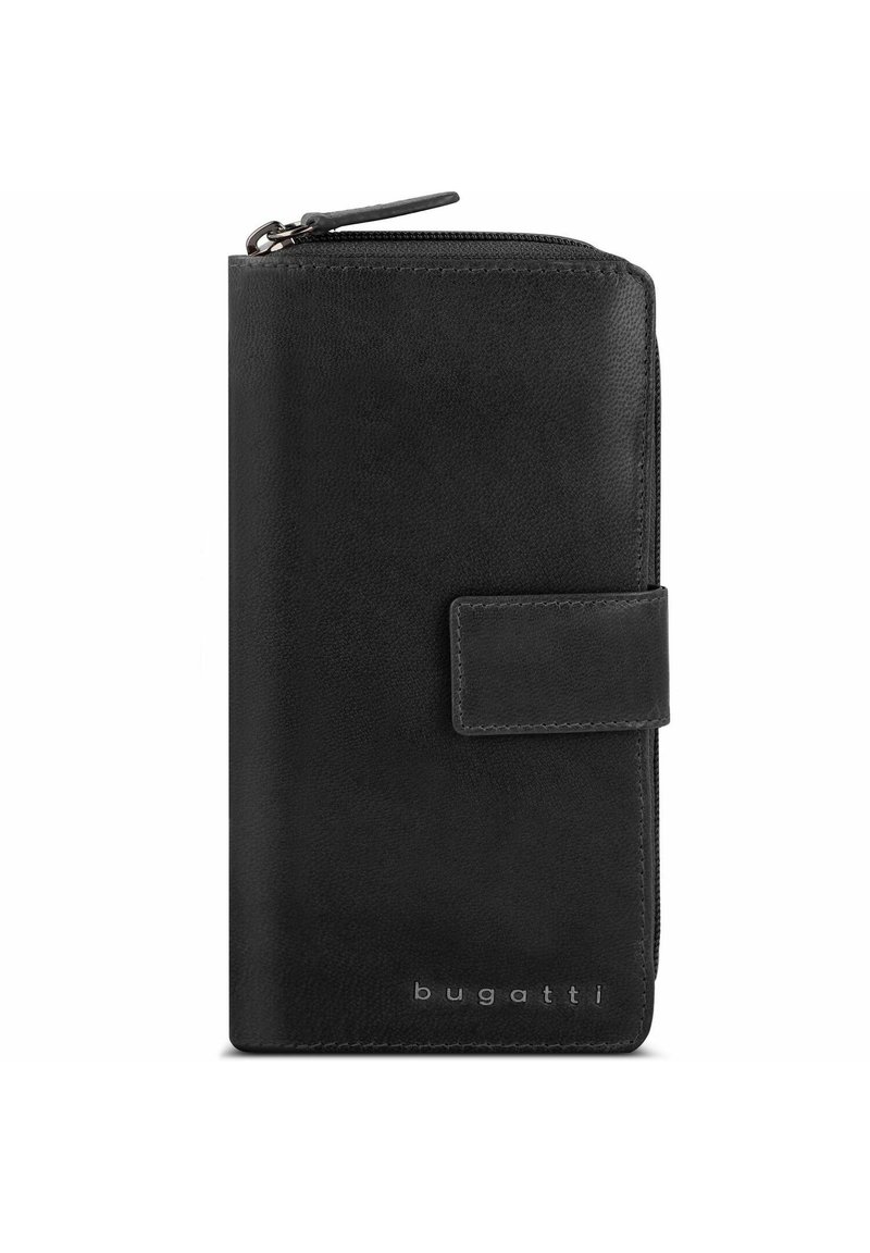 Portafoglio in pelle nera con chiusura a zip, texture liscia e una patta con bottone a scatto. Presenta il marchio nella parte inferiore anteriore.