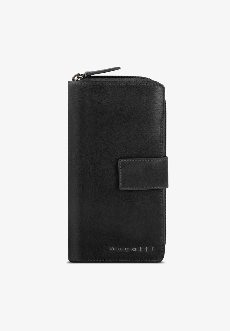 Portefeuille en cuir noir avec fermeture éclair, texture lisse, et un rabat avec un bouton pression. Présente un marquage au bas devant.