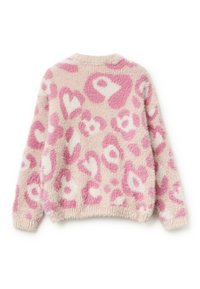 Puszysty kardigan w różowo-białe wzory z miękką teksturą, okrągłym dekoltem oraz ściągaczami na hemie i mankietach. Wzór przypomina odcisk zwierzęcia.