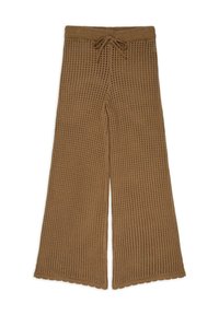 Pantalons larges tricotés marron avec un design à côtes texturé, dotés d'une taille à cordon de serrage et d'un motif en tricot ouvert pour la respirabilité.