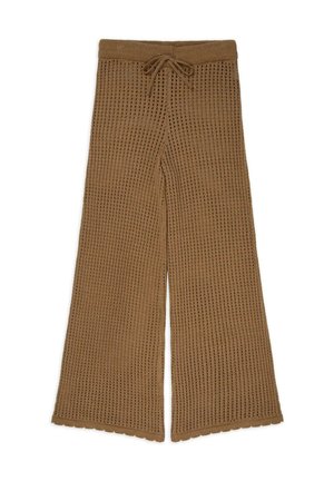 Pantaloni larghi a maglia marroni con un design a coste testurizzato, dotati di una cintura con cordoncino e di un motivo a rete aperta per una maggiore traspirabilità.