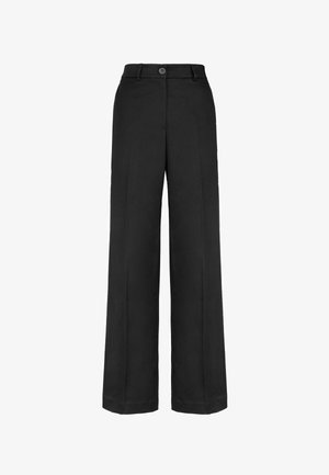 Svarta vida byxor i en smidig tygkvalitet. Har en knäppning, frontveck och en skräddarsydd siluett.