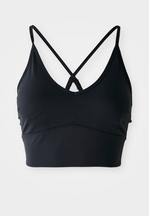 Black sports bra with thin straps that cross at the back, featuring a simple, smooth design and a wide underband for support.