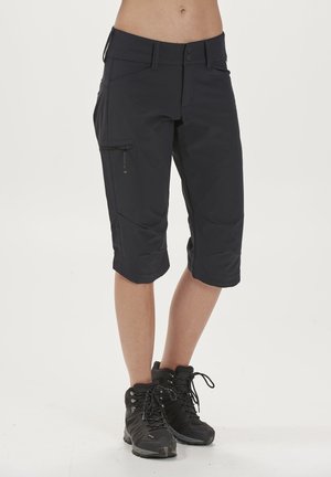 Knälånga, marinblå cargoshorts i texturerat, hållbart tyg. Funktioner inkluderar en dragkedjeförsedd sidoficka och en skräddarsydd design med två knappar.
