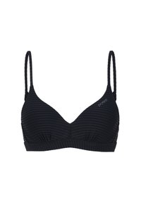 Top bikini nero con un motivo a strisce testurizzato, dotato di sottili spalline regolabili, forma triangolare e dettagli arricciati alla base.