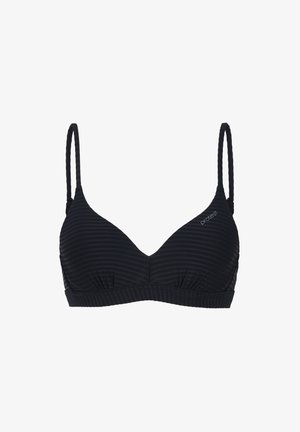 Juodas bikinio viršus su tekstūruotu juostelių raštu, turintis plonus reguliuojamus dirželius, trikampio formą ir surinkimo detales apačioje.