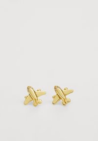 Orecchini a forma di aereo in oro con superficie lucida, dettagli elaborati e piccoli accenti di gemme sulle ali.