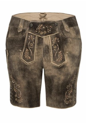 Braune Wildledershorts mit bestickten Blumenmustern auf den Taschen und Seiten, ausgestattet mit dekorativen Knöpfen und einem Taillenzug für die Anpassung.