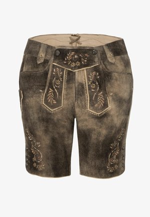 Braune Wildledershorts mit bestickten Blumenmustern auf den Taschen und Seiten, ausgestattet mit dekorativen Knöpfen und einem Taillenzug für die Anpassung.