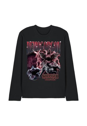 Black long-sleeve shirt with "Demogorgon" text, red lightning, and graphic of Demogorgon monster from Stranger Things series.