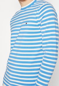 Muž v tričku s dlouhým rukávem, modro-bíle pruhovaném, se malým logem Tommy Hilfiger na hrudi.
