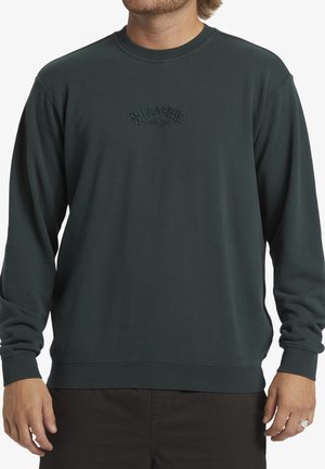 Dark green sweatshirt with long sleeves, round neckline, embroidered logo on chest, ribbed cuffs and hem, made from soft fabric.
