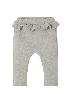 Zachte grijze babyleggings met een elastische tailleband en een klein ruchesdetail rondom de bovenrand.
