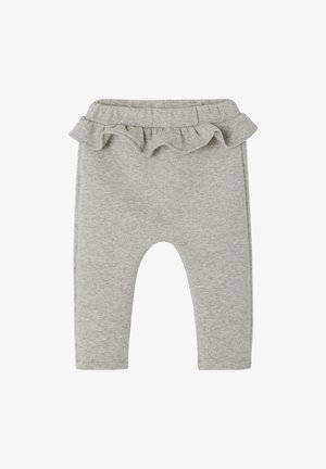 Zachte grijze babyleggings met een elastische tailleband en een klein ruchesdetail rondom de bovenrand.