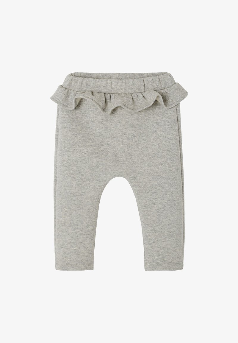 Leggings bébé gris doux avec une taille élastique et un petit volant autour du bord supérieur.