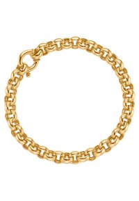 Goldene Kettenarmband mit ineinandergreifenden ovalen Gliedern, glatter Oberfläche und einem runden Verschluss für sicheren Halt. Einfaches und langlebiges Design.