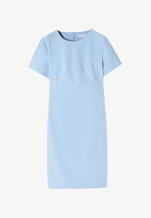 Šviesiai mėlyna suknelė, pagaminta iš lygaus audinio, su trumpomis rankovėmis, apvaliu iškirpimu, aptemptu liemeniu ir kelių ilgio apdaila.